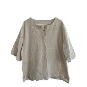 Minibee Womens 2XL Linen Blend Round Neck Sh/Sl Textured Tunic Blouse Off-White